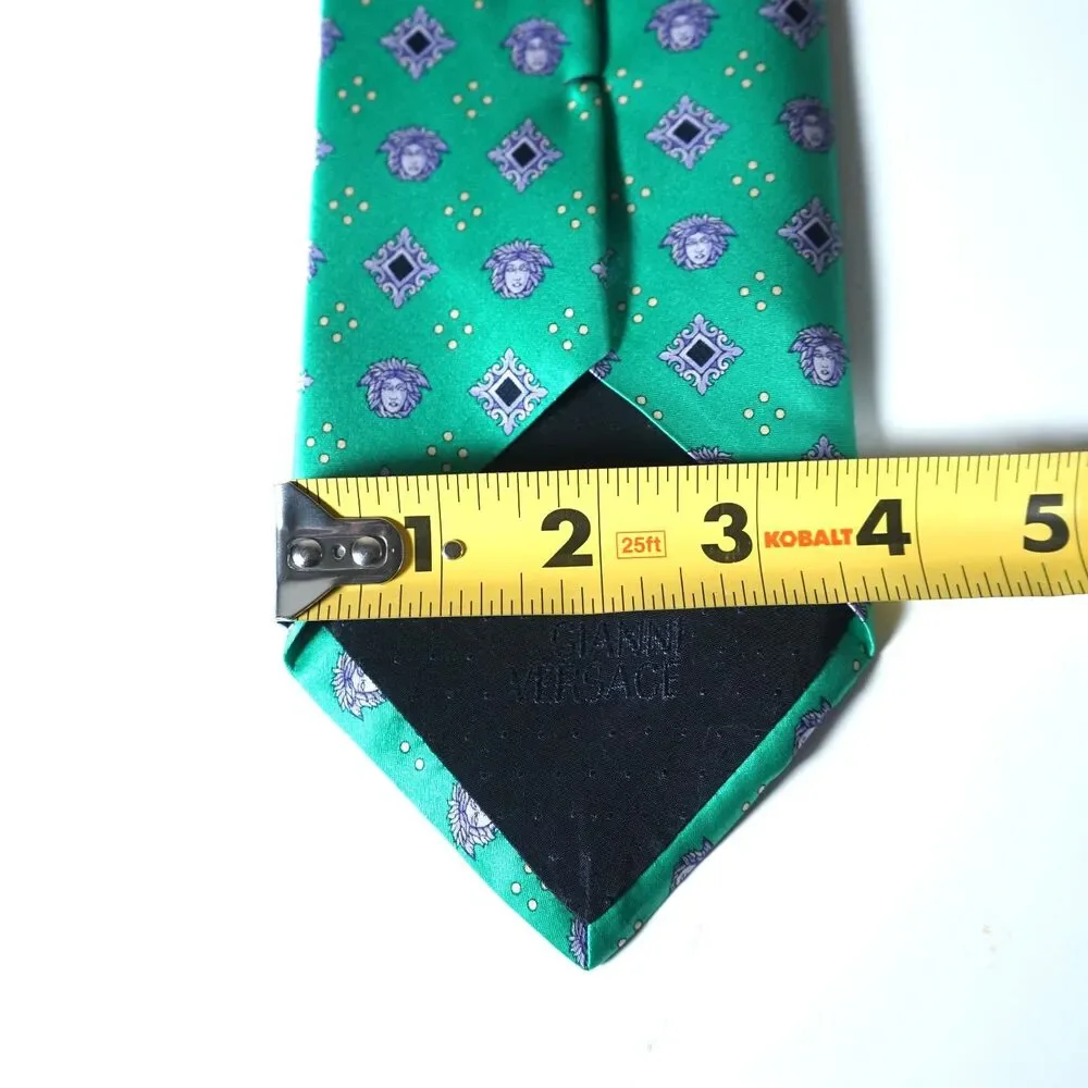 Gianni Versace Vintage Neck Tie Green Aqua Medallion Logo Pattern